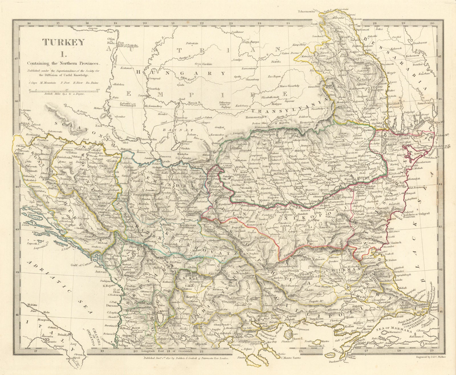 BALKANS. Northern Ottoman provinces. Wallachia Bulgaria Albania. SDUK 1844 map